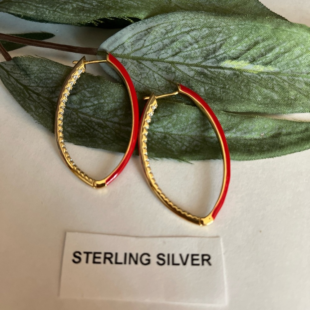 Macy's 14k Gold Over Sterling Silver Red Enamel CZ 42x3mm Oval Hoop Earrings